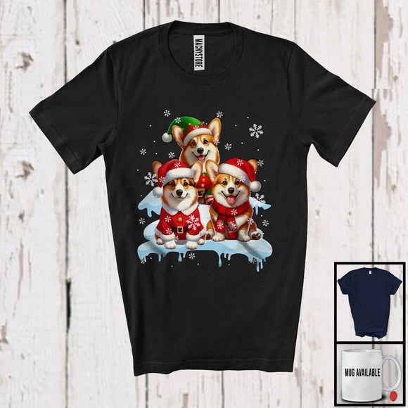 MacnyStore - Three Santa Elf Corgis On Snow; Adorable Christmas Snowing Dog; Family X-mas Group T-Shirt