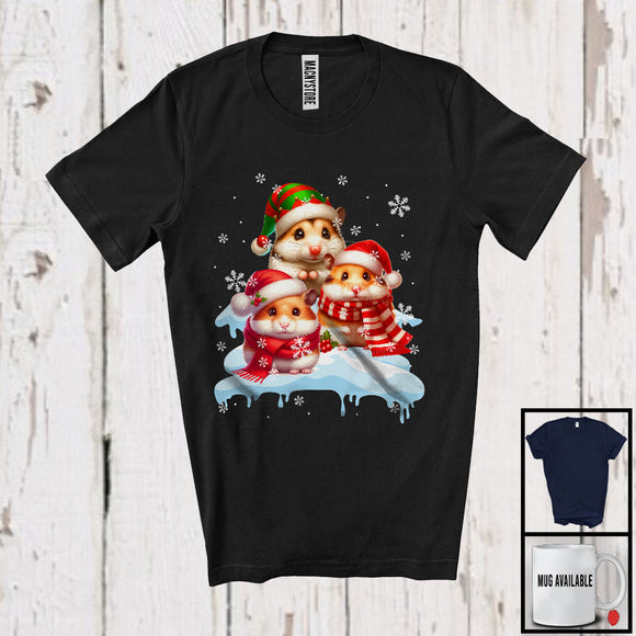 MacnyStore - Three Santa Elf Hamsters On Snow; Adorable Christmas Snowing Hamster Lover; Family Group T-Shirt