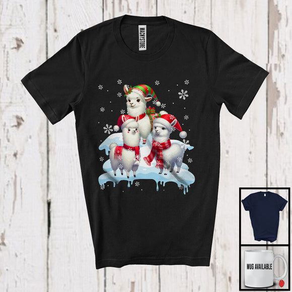 MacnyStore - Three Santa Elf Llamas On Snow; Adorable Christmas Snowing Llama Lover; Family Group T-Shirt