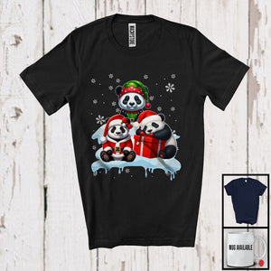 MacnyStore - Three Santa Elf Pandas On Snow; Adorable Christmas Snowing Panda Lover; Family Group T-Shirt