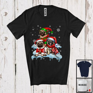 MacnyStore - Three Santa Elf Pugs On Snow; Adorable Christmas Snowing Dog; Family X-mas Group T-Shirt