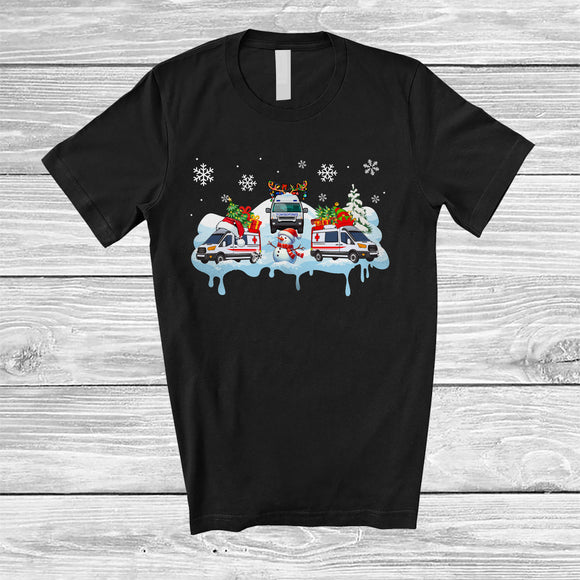 MacnyStore - Three Santa Elf Reindeer Ambulance Snowing; Awesome Christmas Snowman; Driver Family T-Shirt