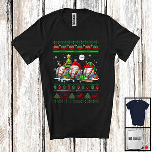 MacnyStore - Three Santa Elf Reindeer Baseball; Cheerful Christmas Tree Sweater Snow; Sport Player Family T-Shirt