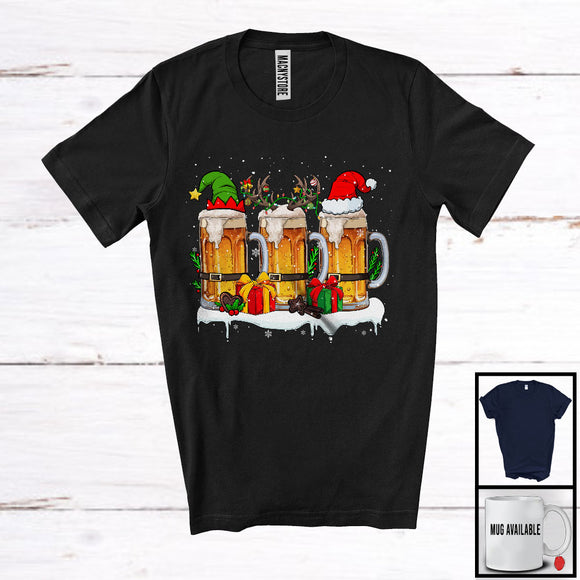 MacnyStore - Three Santa Elf Reindeer Beer Glasses; Cheerful Christmas Drinking; X-mas Drunker Group T-Shirt