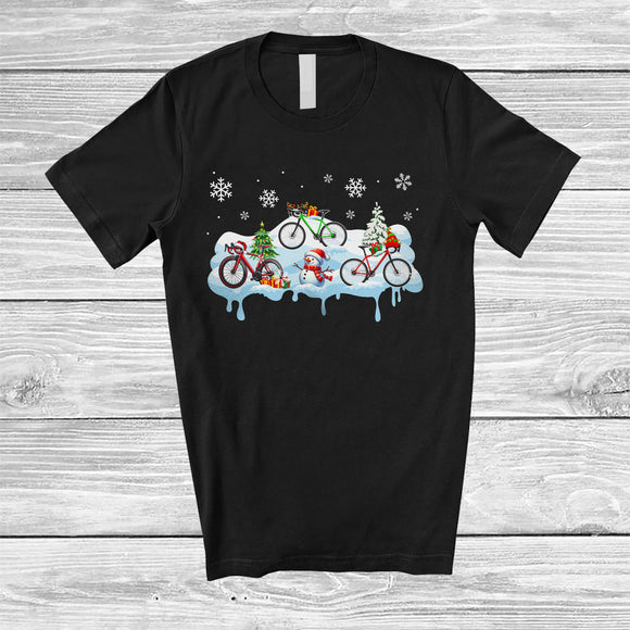 MacnyStore - Three Santa Elf Reindeer Bicycle Snowing; Awesome Christmas Snowman; Rider Family T-Shirt