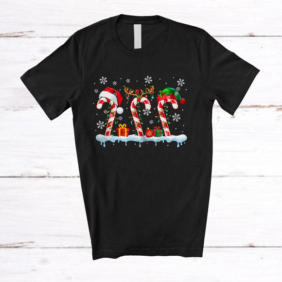 MacnyStore - Three Santa Elf Reindeer Candy Canes; Humorous Christmas Candy Canes; Family Crew Group T-Shirt