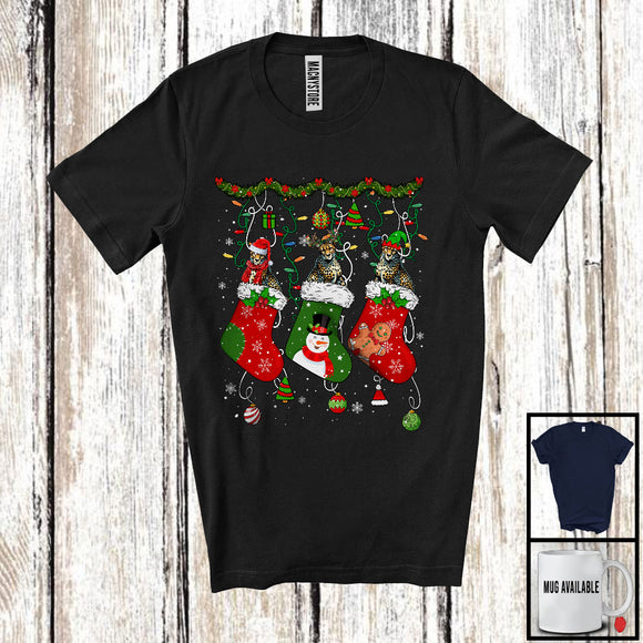 MacnyStore - Three Santa Elf Reindeer Cheetah In Christmas Socks; Awesome X-mas Lights Snowing; Animal T-Shirt