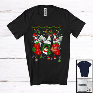 MacnyStore - Three Santa Elf Reindeer Chicken In Christmas Socks; Amazing X-mas Animal; Snowing T-Shirt