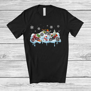 MacnyStore - Three Santa Elf Reindeer Dirt Bike Snowing; Awesome Christmas Snowman; Rider Family T-Shirt