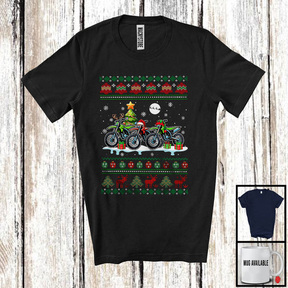 MacnyStore - Three Santa Elf Reindeer Dirt Bike; Cheerful Christmas Tree Sweater Snow; Family Group T-Shirt