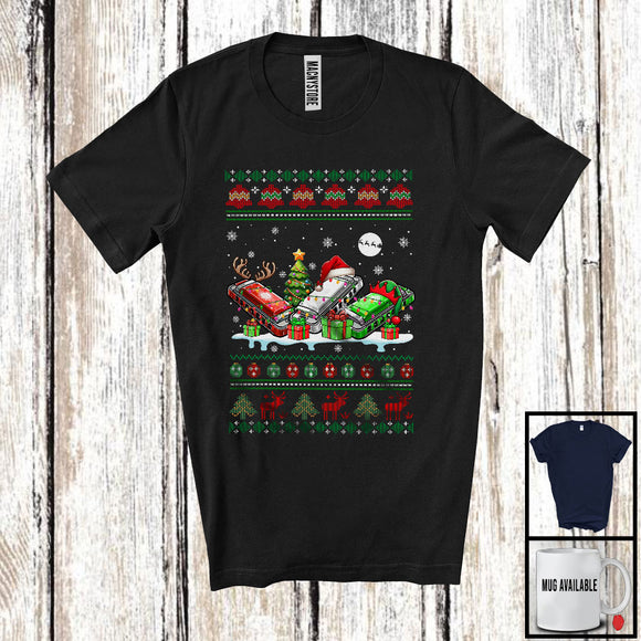 MacnyStore - Three Santa Elf Reindeer Harmonica; Cheerful Christmas Tree Sweater Snow; Musical Instruments T-Shirt