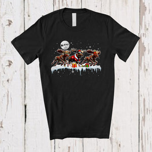 MacnyStore - Three Santa Elf Reindeer Moose With Christmas Tree; Amazing X-mas Snowing Moose; Family T-Shirt