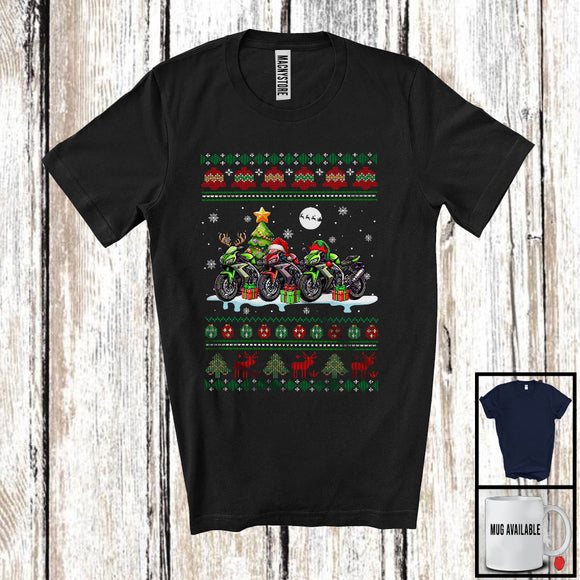 MacnyStore - Three Santa Elf Reindeer Motorbike; Cheerful Christmas Tree Sweater Snow; Family Group T-Shirt