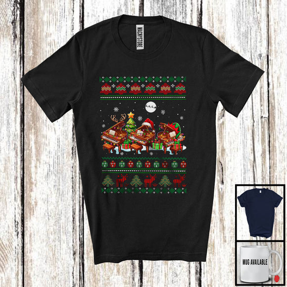 MacnyStore - Three Santa Elf Reindeer Piano; Cheerful Christmas Tree Sweater Snow; Musical Instruments Player T-Shirt