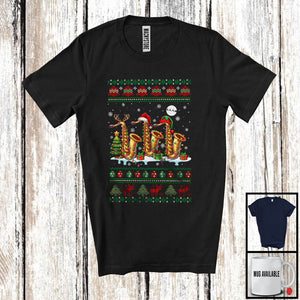 MacnyStore - Three Santa Elf Reindeer Saxophone; Cheerful Christmas Tree Sweater Snow; Musical Instruments T-Shirt