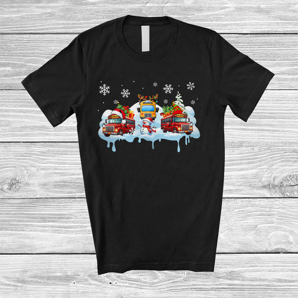 MacnyStore - Three Santa Elf Reindeer School Bus Snowing; Awesome Christmas Snowman; Driver Family T-Shirt