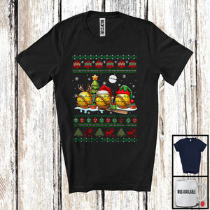 MacnyStore - Three Santa Elf Reindeer Softball; Cheerful Christmas Tree Sweater Snow; Sport Player Family T-Shirt