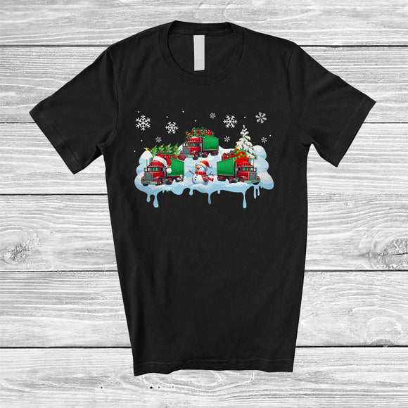 MacnyStore - Three Santa Elf Reindeer Truck Snowing; Awesome Christmas Snowman; Driver Family T-Shirt