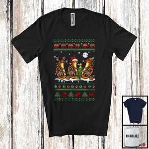 MacnyStore - Three Santa Elf Reindeer Tuba; Cheerful Christmas Tree Sweater Snow; Musical Instruments Player T-Shirt