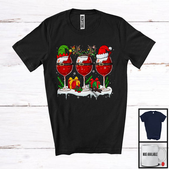 MacnyStore - Three Santa Elf Reindeer Wine Glasses; Cheerful Christmas Drinking; X-mas Drunker Group T-Shirt