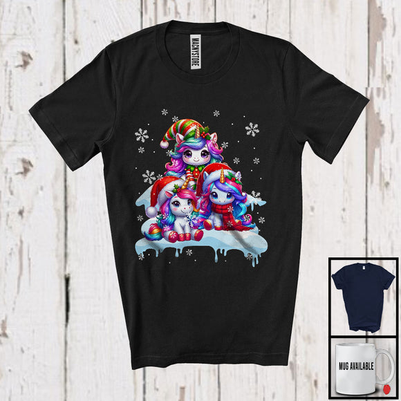 MacnyStore - Three Santa Elf Unicorns On Snow; Adorable Christmas Snowing Unicorn Lover; Family Group T-Shirt