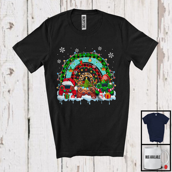 MacnyStore - Three Santa Reindeer Elf Game Controller; Wonderful Christmas Lights Leopard Plaid Rainbow; Gamer T-Shirt