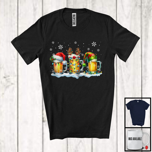 MacnyStore - Three Santa Reindeer Elf Glasses Of Beer; Joyful Christmas Drinking Beer Snowing; Drunker Team T-Shirt