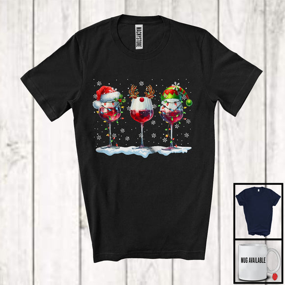 MacnyStore - Three Santa Reindeer Elf Glasses Of Wine; Joyful Christmas Drinking Wine Snowing; Drunker Team T-Shirt