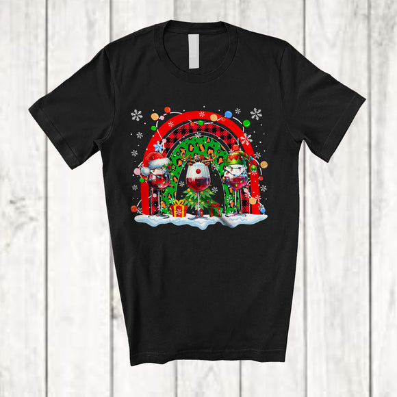 MacnyStore - Three Santa Reindeer Elf Glasses Wine; Fantastic Christmas Plaid Rainbow; Drinking Drunker T-Shirt