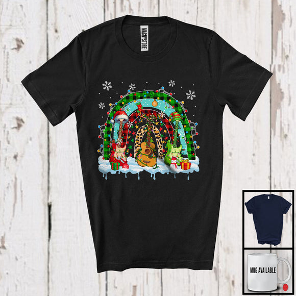 MacnyStore - Three Santa Reindeer Elf Guitar; Wonderful Christmas Lights Leopard Plaid Rainbow; Guitarist T-Shirt