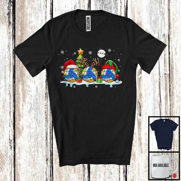 MacnyStore - Three Santa Reindeer Elf Volleyball; Cheerful Christmas Tree Sport Playing Player; Family Group T-Shirt