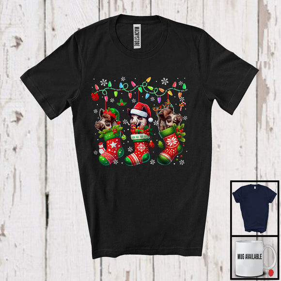 MacnyStore - Three Santa Reindeer Elf Wild Boars; Merry X-mas Lights Wild Animal Lover; Snowing Family T-Shirt