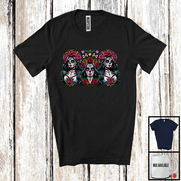 MacnyStore - Three Sugar Skull Flowers; Lovely Dia De Los Muertos Squad Sugar Skull; Women Mexican Group T-Shirt