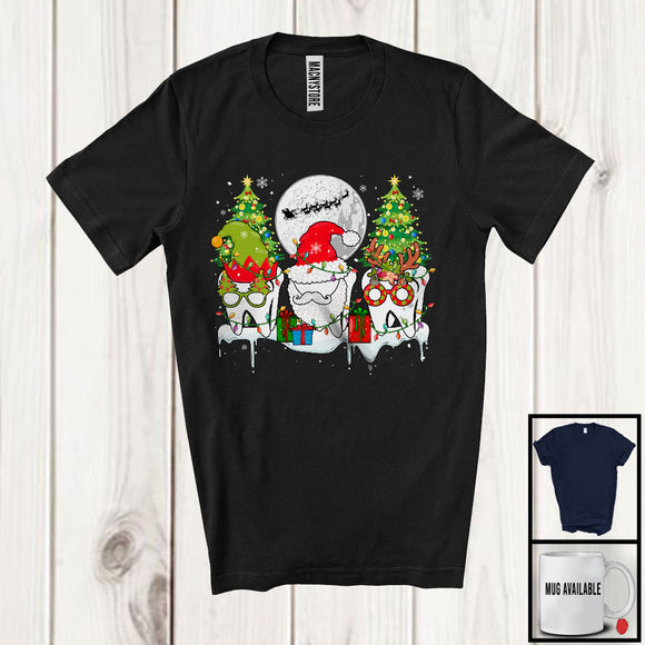 MacnyStore - Three Teeth Cute Santa Elf Reindeer Tooth, Cheerful Christmas Dental Dentist Group, X-mas Tree T-Shirt
