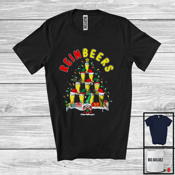 MacnyStore - Reinbeers; Humorous Christmas Tree Beer Glasses Reindeer Snowing; Drinking Drunker Group T-Shirt