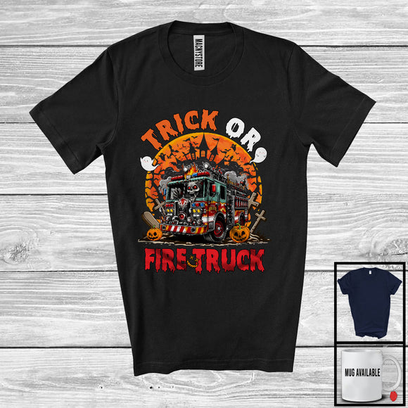 MacnyStore - Trick Or Fire Truck; Creepy Halloween Costume Moon Zombie Firetruck Firefighter; Family Group T-Shirt