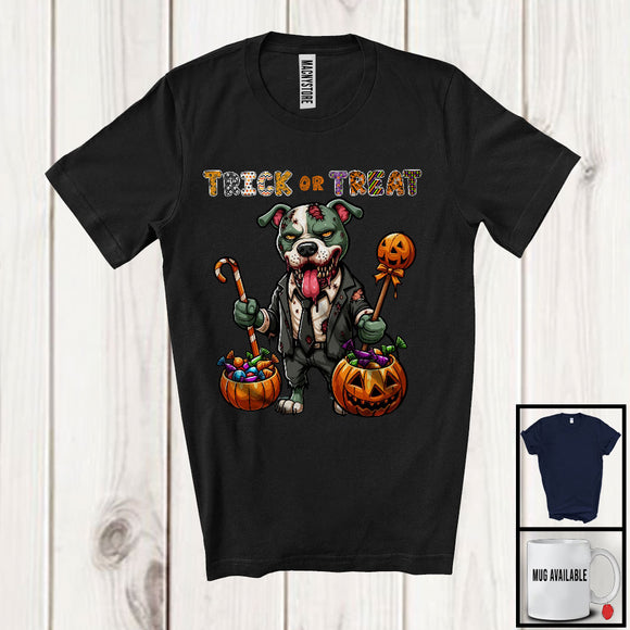 MacnyStore - Trick Or Treat, Horror Halloween Witch Zombie Pit Bull With Pumpkin Candy, Family Group T-Shirt