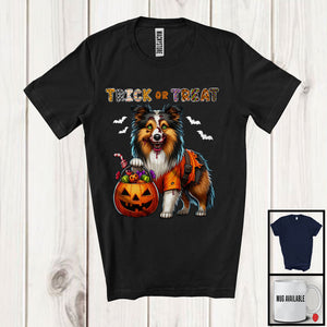MacnyStore - Trick Or Treat, Horror Halloween Witch Zombie Sheltie With Pumpkin Candy, Family Group T-Shirt