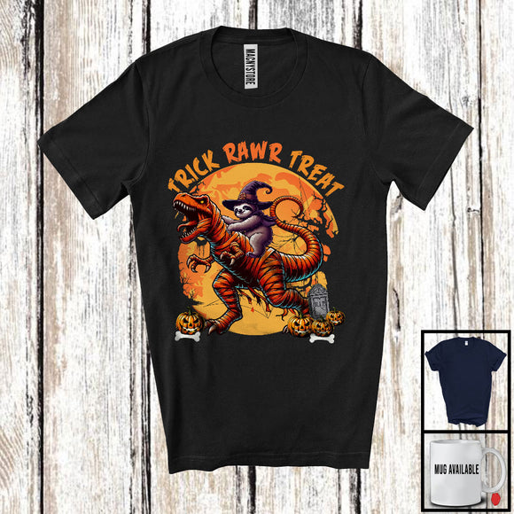 MacnyStore - Trick Rawr Treat; Horror Halloween Witch Sloth Riding Mummy T-Rex; Dinosaur Lover T-Shirt