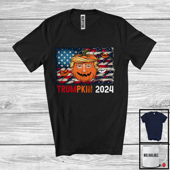 MacnyStore - Trumpkin 2024; Sarcastic Halloween Pumpkin Trump Face; America Flag President Vote Election T-Shirt