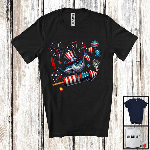 MacnyStore - Tuna Riding Firecracker, Amazing 4th Of July American Flag Firecracker, Fish Sea Animal Lover T-Shirt