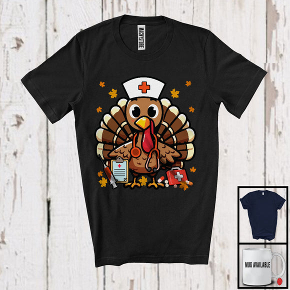 MacnyStore - Turkey Nurse; Adorable Thanksgiving Turkey Wearing Scrub; Nursing Fall Autumn Leaves T-Shirt