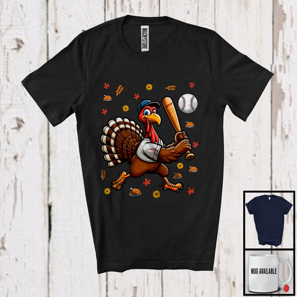 MacnyStore - Turkey Playing Baseball, Awesome Thanksgiving Turkey Sport Player Team, Trainer Fall Leaves T-Shirt