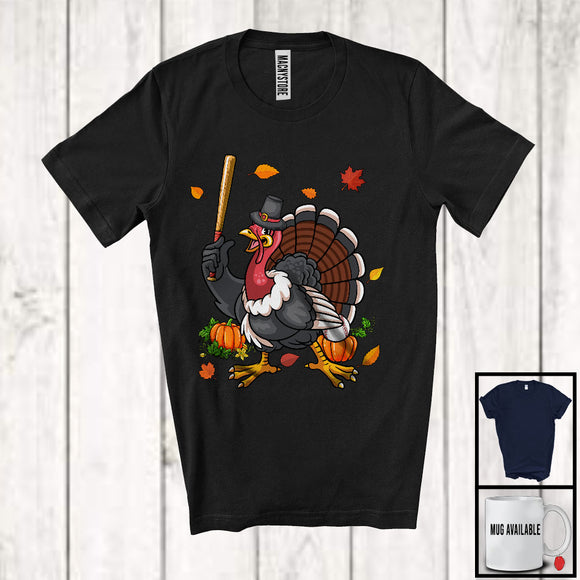 MacnyStore - Turkey Playing Baseball, Joyful Thanksgiving Turkey Pumpkins, Matching Sport Player Team T-Shirt