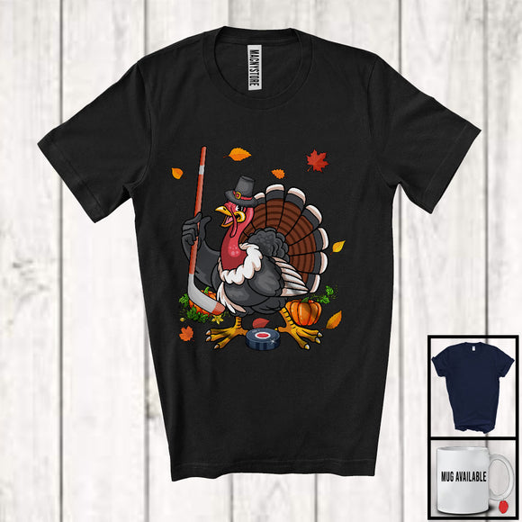 MacnyStore - Turkey Playing Ice Hockey, Joyful Thanksgiving Turkey Pumpkins, Matching Sport Player Team T-Shirt
