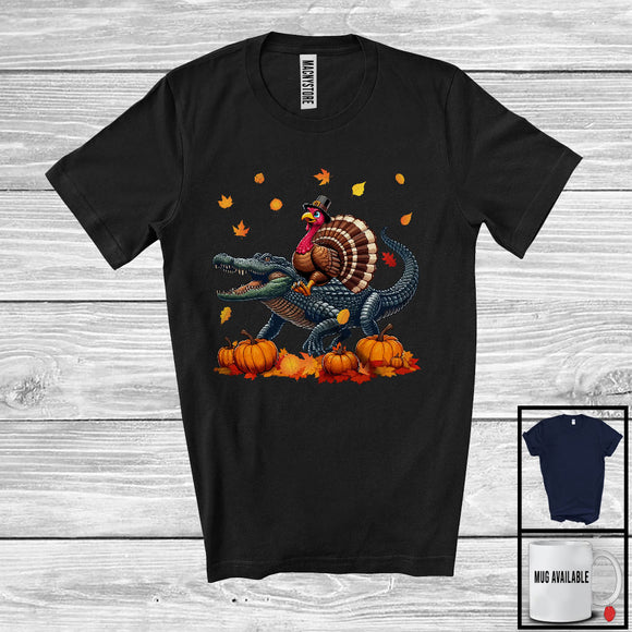 MacnyStore - Turkey Riding Alligator, Lovely Thanksgiving Fall Leaves Pumpkins Alligator, Wild Animal Lover T-Shirt