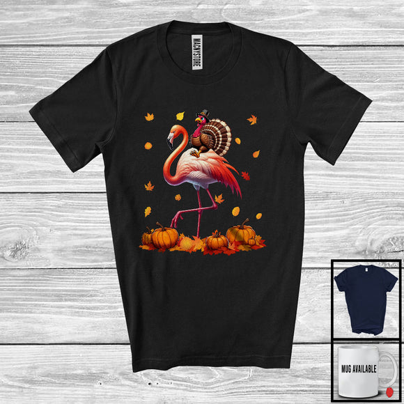 MacnyStore - Turkey Riding Flamingo, Lovely Thanksgiving Fall Leaves Pumpkins Flamingo, Wild Animal Lover T-Shirt