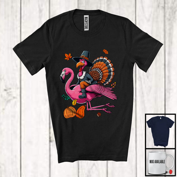 MacnyStore - Turkey Riding Flamingo, Wonderful Thanksgiving Turkey Flamingo Fall Leaves, Animal Lover Family T-Shirt