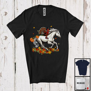 MacnyStore - Turkey Riding Horse; Humorous Thanksgiving Autumn Leaves Animal; Pumpkin Family Group T-Shirt