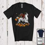 MacnyStore - Turkey Riding Llama; Humorous Thanksgiving Autumn Leaves Animal; Pumpkin Family Group T-Shirt